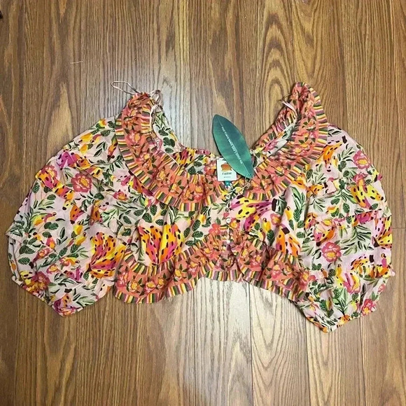 NWT Farm Rio Painted Bananas Puff Sleeve Top Blouse Pink XL - Picture 5 of 8